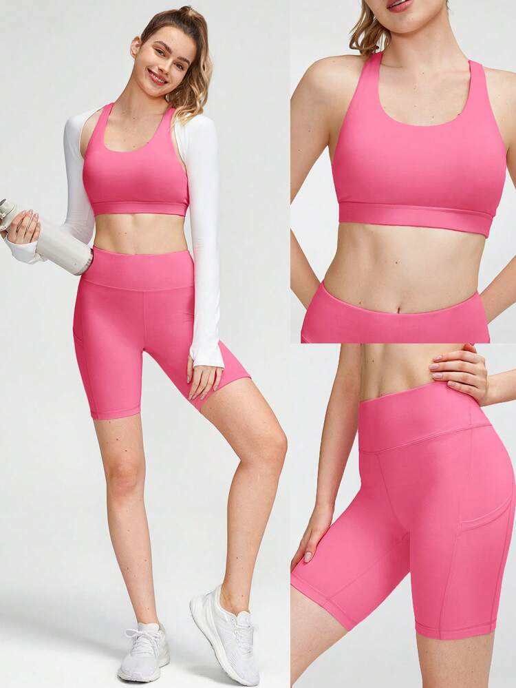 2 Pieces FeatherFit™ Sports Bra & 8'' Shorts Set Strappy Back Bra Tank Top With High Waist Side Pockets Biker Shorts Low Impact Yoga Pilates Daily Running Gym Workout Summer