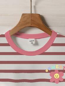 Elladie kids Girls' Sweet Floral Print Red Striped Round Neck Short Sleeve Casual T-Shirt, Summer - Multicolor - View 6