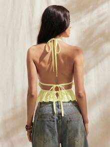 Women's Cream Yellow Ruched Halter Tie Back Camisole, Spring/Summer - Light Yellow - View 2