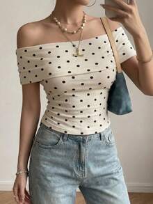 Joudiya Women's Polka Dot Print Slim-Fit Off Shoulder Tight-Fitting Blouse T-Shirt - Apricot - View 7