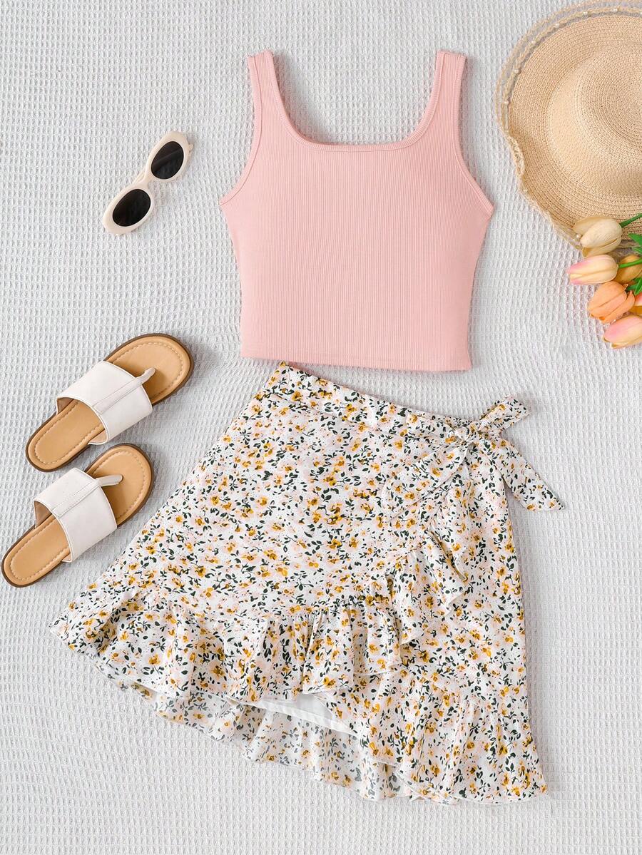SHEIN Tween Girl Casual Minimalist Comfortable Round Neck Sleeveless Ruffle Hem 2 Pieces Set - Pink - View 1
