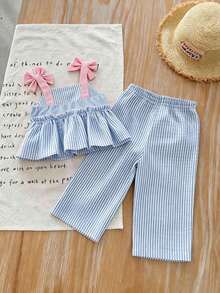 SHEIN LMoss Kids LMoss Babyflickor Sommar Söt Randig Linne Och Resårmidja Byxor 2 Delat Set - Multifärgad - Visa 2