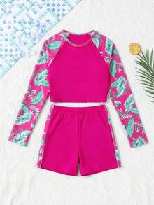 SHEIN Tween Girl Raglan Sleeve Tropical Plant Print Top And Shorts Swimsuit Set - Hot Pink - View 6