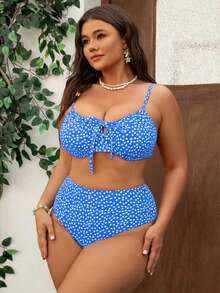 Swim Mod Plus Size Women's Sweet & Cute Minimalist Beach Vacation Casual Random Ditsy Floral Ruffled Underwire Adjustable Strap 2-Piece Swimwear Set - Blue - View 3