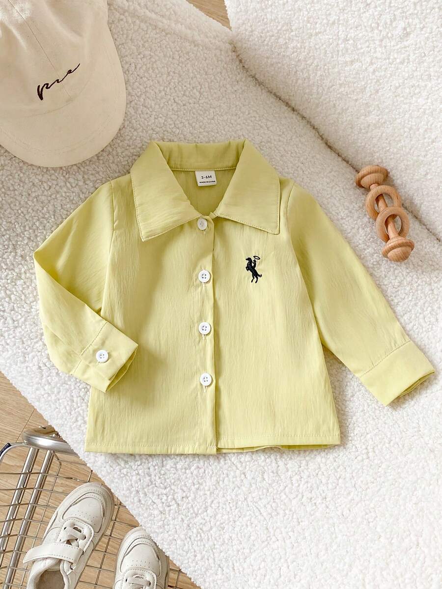 SHEIN Playful Pals Áo polo dài tay cổ bẻ cài nút, kiểu dáng đường phố cổ điển dành cho bé trai, màu đỏ trắng kẻ caro, thêu hình hiệp sĩ, thoải mái và thoáng khí, phù hợp cho mùa xuân và mùa thu, dự tiệc, mặc hàng ngày, đi học và du lịch. - Màu vàng - Xem 1