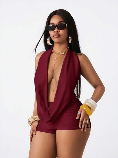 Vadaroq Bộ đồ liền thân nữ mùa xuân/hè phong cách đường phố sành điệu, cổ chữ V, gợi cảm, thích hợp cho kỳ nghỉ, mang hơi hướng Y2K, chất liệu co giãn, thoải mái, màu trắng.