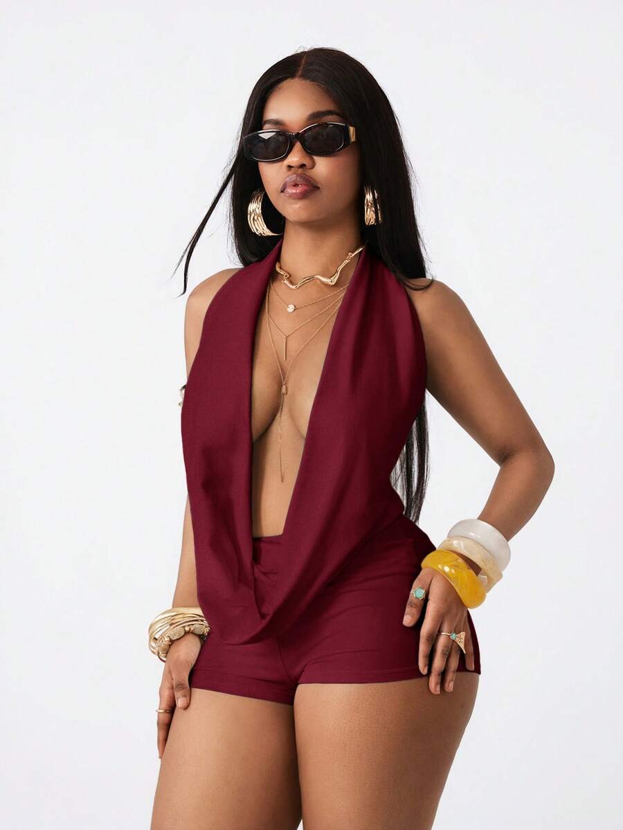 Vadaroq 女士春夏街头风时尚外出V领性感度假装Y2K弹力舒适白色连体衣 - 玫瑰紅 - 查看 1
