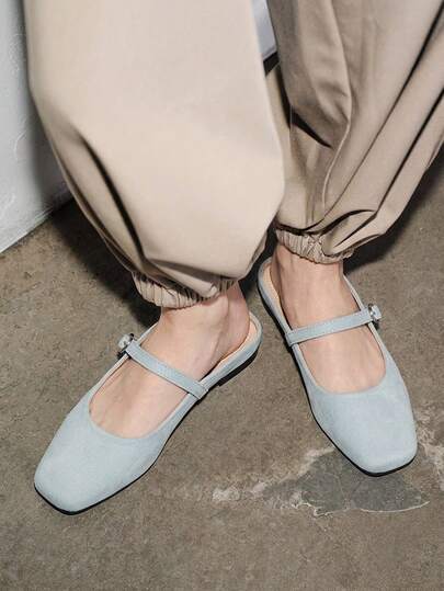 Women's Fashion Square Toe Light Blue Slip-On Loafers, Casual Versatile Office Wear, High-End Quality Mary Jane Flat Shoes For Spring Outdoor Activities