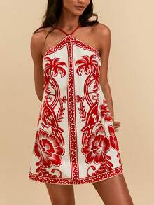 Travachic Woven Printed Halter Neck Mini Dress For Women - Red and White - View 3
