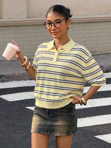 Muchica Yellow Striped Polo Collar Women Short Sleeve Knit Top - Light Yellow - View 4