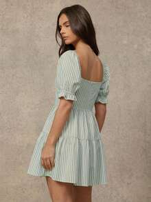 WESTFADE Vestido mini a rayas con botones delanteros - Verde Oscuro - Ver 5