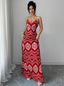 Selianne Vestido casual de vacaciones con estampado retro Perris para mujer - Rojo - Ver 5