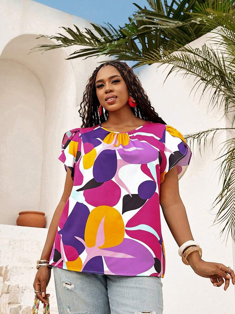 Plus Size Women's Early Spring Blue Petal Sleeve Blouse