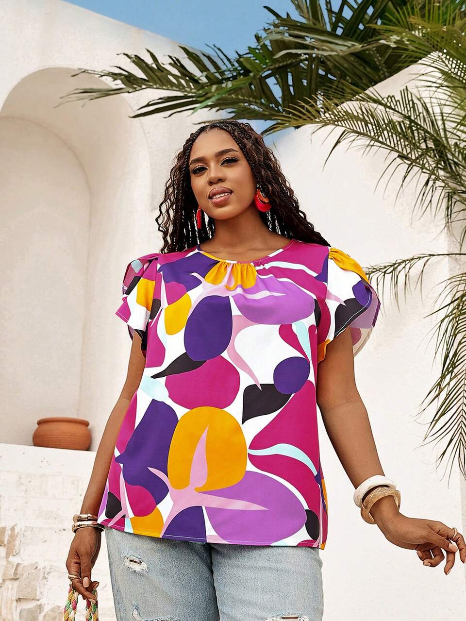 Plus Size Women's Navy Blue Petal Sleeve Blouse,Boho Summer Vacation Holiday Tops,Early Spring Country Style Festival