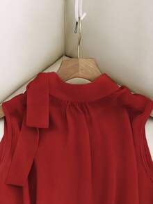 Qadelle Nouveau Top de printemps/été avec liens sur les côtés, boutons et sans manches. Blouse élégante et polyvalente pour femmes - Rouge - Voir 7