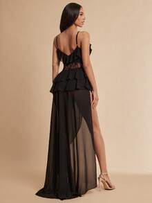 Silquee Women's Black Summer 70's Party Night Out Dress, Lace-Trimmed Ruffled Maxi Slip Gown For Dates,Bridesmaids,Weddings,Nightclubs Formal Occasions Sexy - Black - View 2