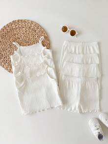 8pcs/Set Baby Girl Casual Solid Color Knit Camisole Top And Shorts Set - White - View 3