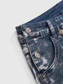 ROMWE Grunge Punk Shorts vaqueros mini de tiro bajo con patrón de ancla de remaches metálicos estilo náutico punk desgastado - Azul lavado oscuro - Ver 3