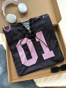 Muchica Plus Size Drawstring Graphic Tee, Loose Fit Black T-Shirt,Back To School - Multicolor - View 3