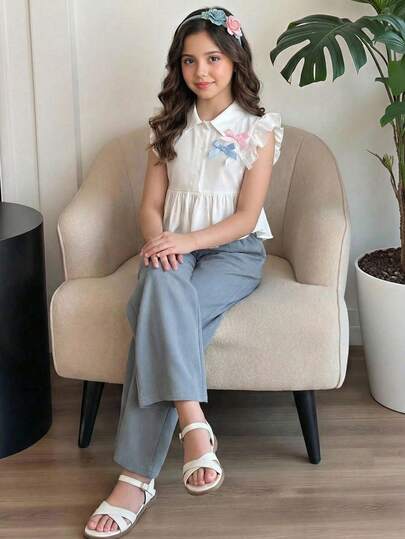 少女优雅翻领短袖荷叶边花卉装饰衬衫和裤子套装