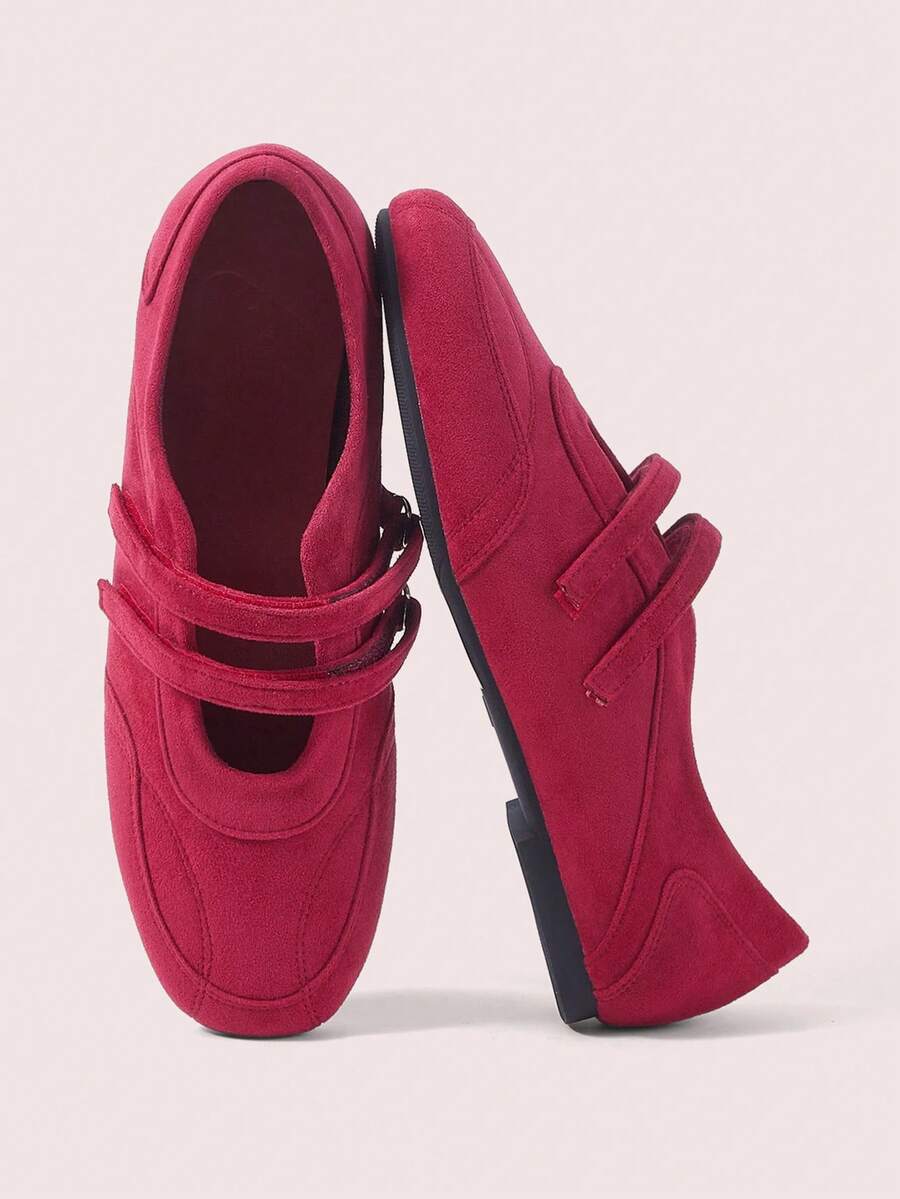 CUCCOO DOLLMOD Ladies Burgundy Suede Round Head Flats, Retro Versatile Temperament Lazy Casual Mary Jane Single Shoes - Burgundy suede - View 1