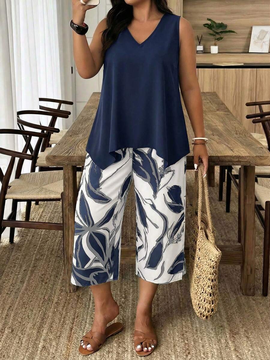 SHEIN LUNE Casual Vacation Style Sleeveless Plus Size 2 Pieces Set With Floral Patchwork - Multicolor - View 1