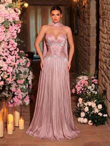 Glamrae 优雅浪漫时尚的欧根纱手工褶皱水钻链条装饰A字型优雅派对礼服，婚礼宾客礼服，绿色礼服，时尚优雅的婚礼宾客正式晚礼服 - 藕粉色 - 查看 4