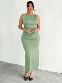 Firerie Plus Size Comfortable Casual Elegant Vacation/Office Commute Sleeveless Dress, Metal Decor Gathered Waist Slim Fit A-Line With Slit, Spring/Summer - Limelight Green - View 8