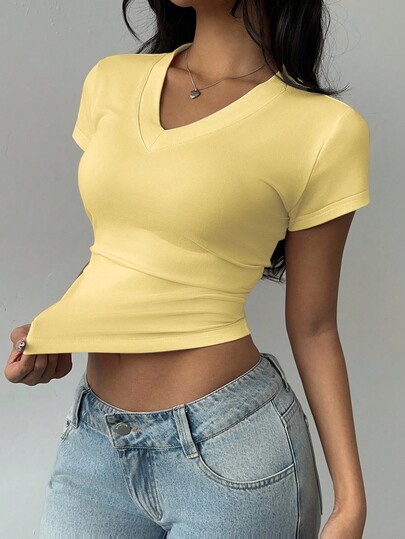 SHEIN BASICS Casual Solid Color V-Neck Short Sleeve Fitted Women T-Shirt