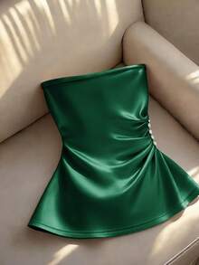 SHEIN LUNE 女士优雅休闲杏色珍珠点缀褶皱缎面抹胸上衣，夏季衬衫，适合日常穿着/新年/商务装/通勤装/休闲度假/情人节 - 綠色 - 查看 2