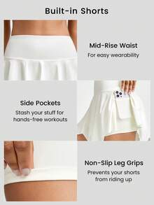 GLOWMODE Middle Waist Hanky Hem Anti-Slip Mini Dance Skirt Skort With Built-In Shorts Side Pockets Daily Casual Quick Dry Moisture Wicking - White - View 3
