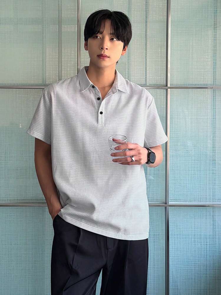 Men's White Textured Polo Shirt, Short Sleeve Summer