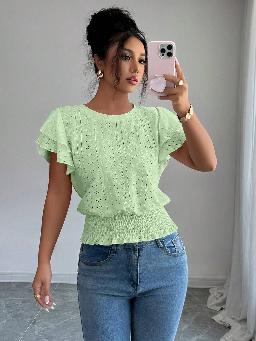 Selianne Summer Casual Vacation Jacquard Knit Round Neck T-Shirt - Green - View 1