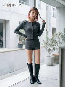 SHEIN PETITE 女款純色長袖上衣與迷你裙套裝 短款兩件式 深灰色 鏤空網紗 緊身衣 小碼居家休閒 秋季休閒性感 - 灰色 - 查看 9