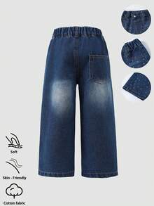 SHEIN Young Girls Shiny Rhinestone Jeans, Medium Wash Blue, Casual Street Style, Cute Minimalist Design, Irregular Elastic Waist, Basic Pockets, Straight Leg, Soft Cotton Denim, Suitable For Daily Wear, Commuting, Outing, Gathering, New Arrival Girls Jeans - Medium Wash - View 2