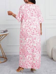 SHEIN Lady 大码优雅印花宽松开衩连衣裙，夏季 - 粉色 - 查看 2