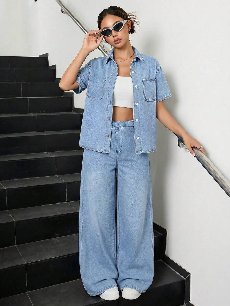 SHEIN 2Pcs Teen Girls Fashion Casual Y2k Vintage Cool Street Light Blue Denim Loose Short-Sleeved Shirt And Loose Comfortable Jeans Two Pieces Set For Kids Clothes Teen Girls Dailywear And Kids Summer To Rave Outfits Festival And Outfits Streetwear Clothes Day Light Blue - Blue - View 1
