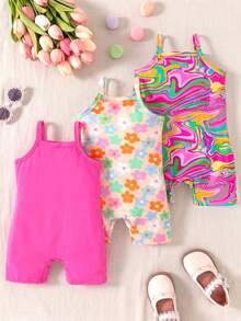 Bộ 3 món áo liền quần cho bé gái in họa tiết hoa và trái tim, kiểu dáng thường ngày. - Nhiều màu - Xem 2