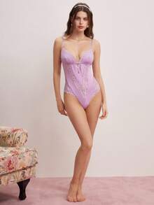 Elorette Women's Lace Patchwork Backless Camisole Sexy Lingerie Jumpsuit - Mauve Purple - View 4