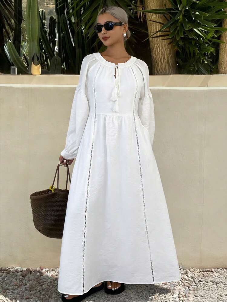 Women's Casual Loose Lantern Sleeve Linen Beach Dress, Suitable For Spring And Summer