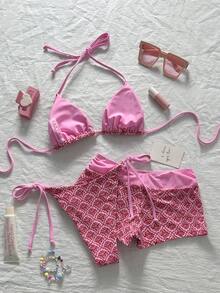 Swim Mod 女士26SS春夏新款印花V领露背三角比基尼套装，配系带三角内裤，沙滩度假三件套 - 彩色 - 查看 5