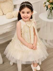 Glamorique Kids Đầm dự tiệc sinh nhật thanh lịch cho bé gái, cổ yếm, tay bồng, họa tiết hoa và nơ lớn. - Màu be - Xem 14