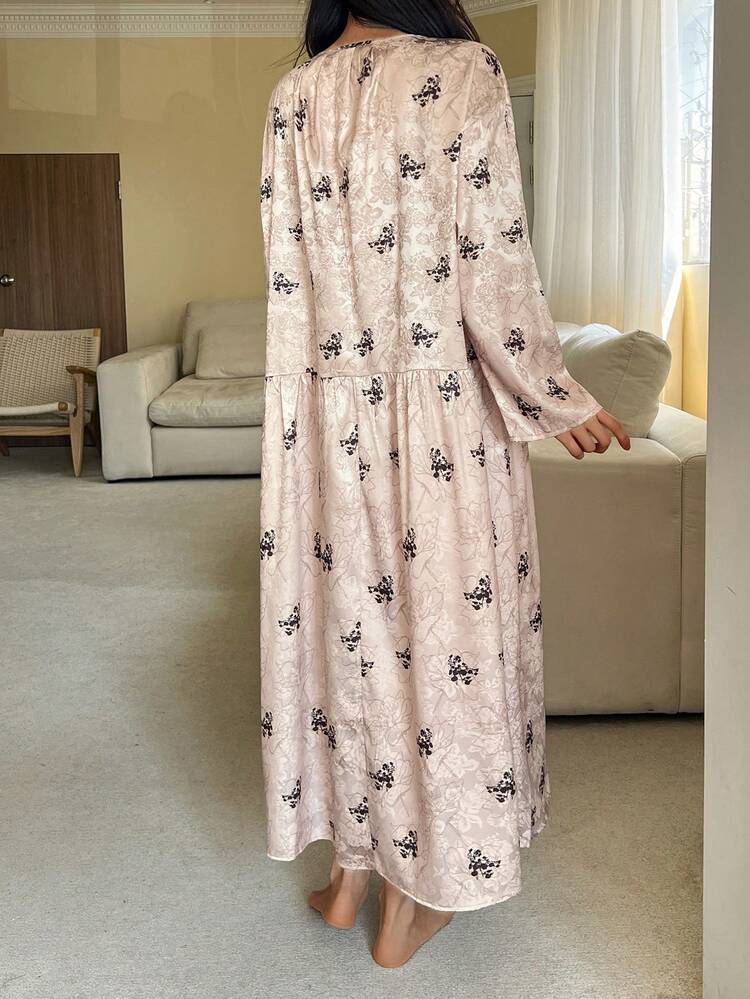 Charming Tie-Neck Floral Print Satin Loose Long Nightgown For Women