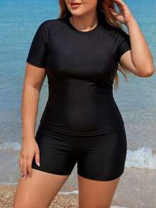 Swim SPRTY Plus Size Women Solid Color Raglan Sleeve Shorts Casual Tankini Set For Beach Vacation - Black - View 4