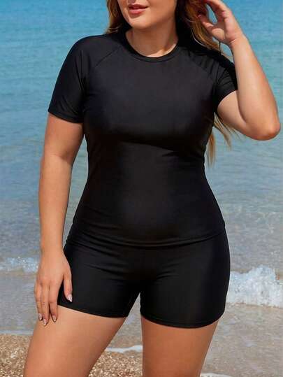 Swim SPRTY Plus Size Women Solid Color Raglan Sleeve Shorts Casual Tankini Set For Beach Vacation