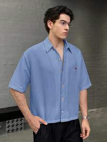EASEVO Plus Size Men's Casual Solid Color Short Sleeve Shirt, Summer - Blue - View 5