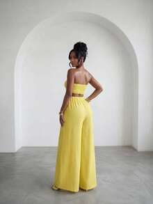 Slaydiva 早春新款，春夏音乐节，情人节，复活节，婚礼季，假日季，海滩度假，休闲，优雅，通勤，日常穿着，工作装，度假，派对，邮轮，派对，基础款，日常约会，无肩带，心形领口，露腰，打结设计，露脐上衣，背心+阔腿裤，超长裤，浅黄色套装，女士两件套 -A - 淡黃色 - 查看 3