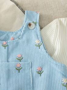 SHEIN Baby Mädchen 0-3 Jahre Cord-Latzhose Set mit Herz-Muster für Frühling/Herbst, Casual Stil mit Brusttasche, geeignet für Outdoor-Spiel und Lässig - Blau - Übersicht 4