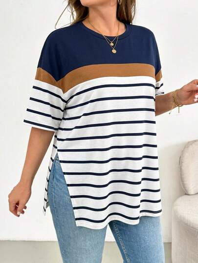 Shapeblank Áo thun ngắn tay xẻ tà viền sọc dành cho nữ cỡ lớn, thời trang và đa năng.