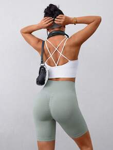 SHEIN Sports 女士纯色高腰休闲健身短裤 - 薄荷綠 - 查看 2